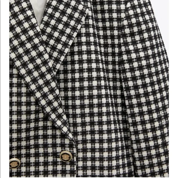 NWT Zara Textured Tweed Plaid Black White Cropped Blazer